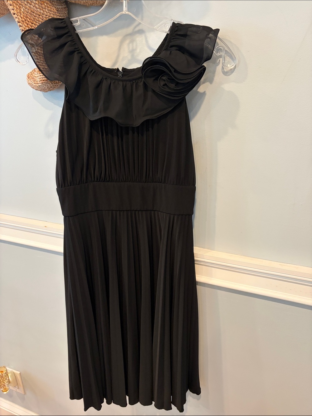 Max and Cleo Chiffon Ruffle Collar Black Midi Dress